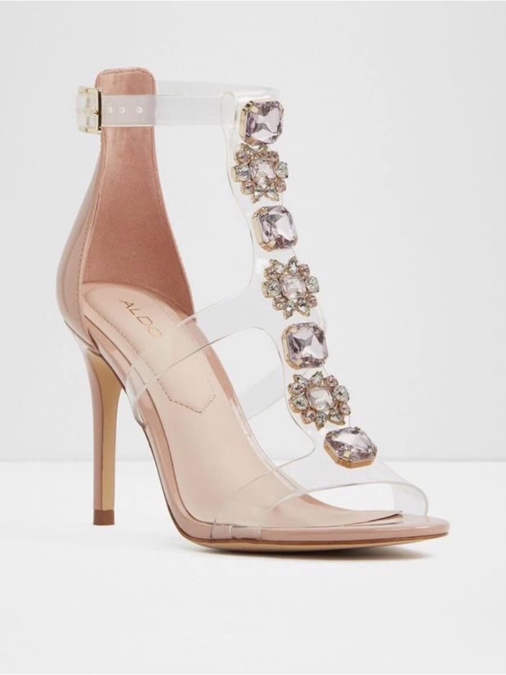 ALDO Pink Nude Clear-Strap Jewel T-Strap High Heels